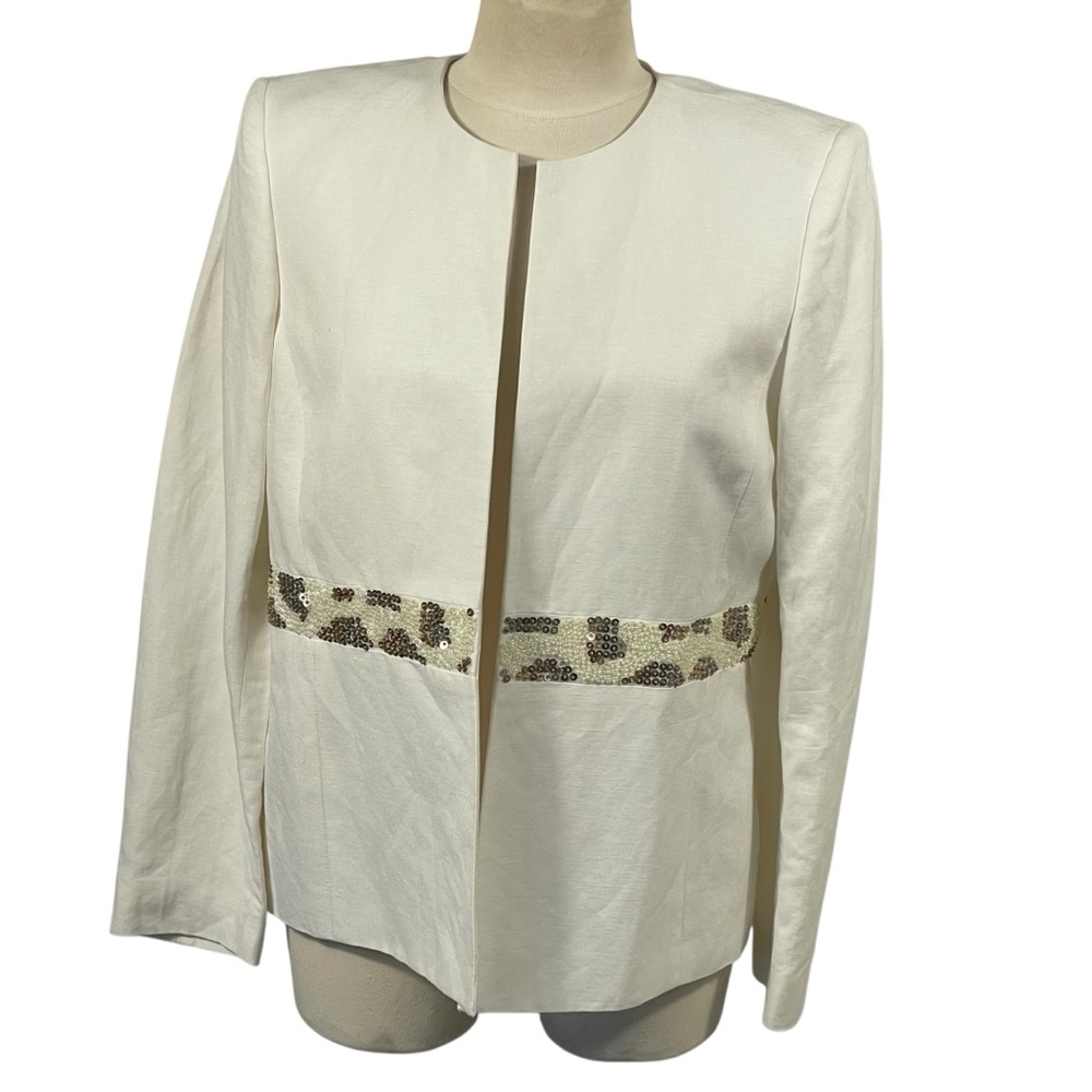 Kasper Ivory Linen Blend Open Front Sequin Animal Print Band Blazer Jacket Sz 8